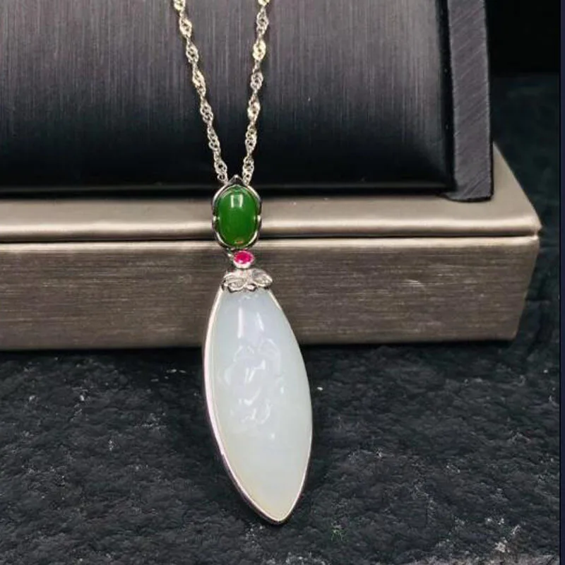 925 Sterling Silver White Green HeTian Jade Inlay Water Drop Lucky Pendant+ Chain Necklace For Women Charm Fine Jewelry Gift