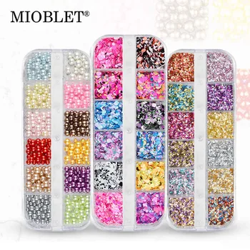 

1 Box Mixed Shiny AB Colour Nail Art Decorations 3D Nail Sequin Round Pearl Rhinestones DIY Glitter Charm Flowers Laser Decals