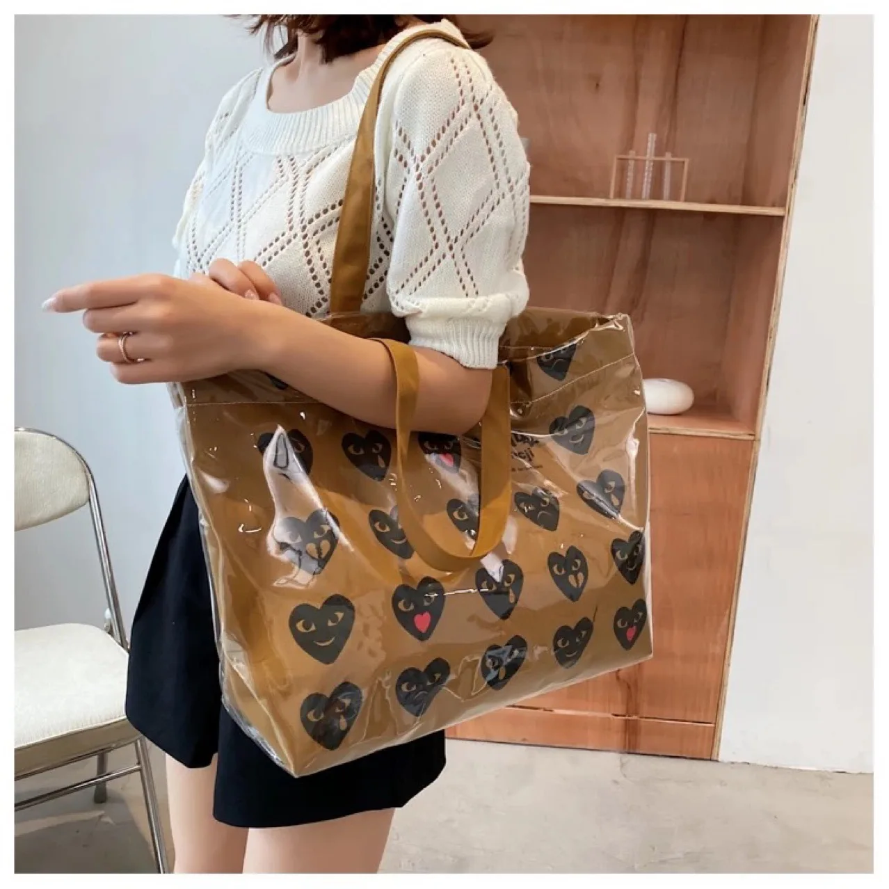 2021 New Female Tote Christmas Black Love Kraft Paper Bag Large Capacity Shopper Bag Graffiti PVC Tote 