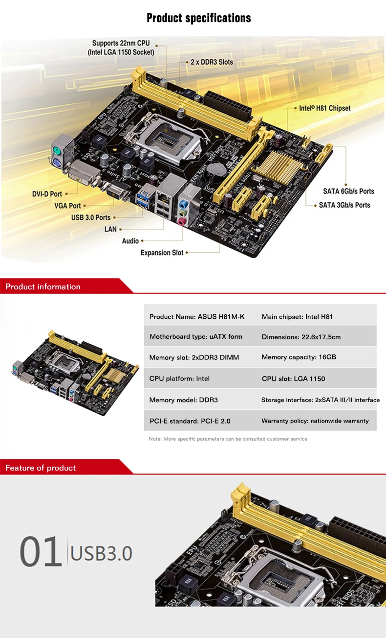 Материнская плата Совершенно новый оригинал ASUS H81M K lga 1150 Intel 2 x DDR3 SATA ssd DVI VGA USB 3 0 uATX