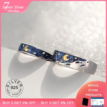 

Blue Drip Glaze Stars Moon Sky 925 Sterling Silver Female Resizable Opening Romantic Couple Rings
