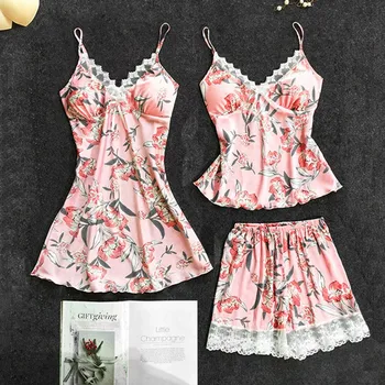 

3PC Pyjamas Women Sleep Wear Pijama Sexy Lace Satin Printing Camisole Shorts Lingerie Pajamas Sleepwear Set пижама женская