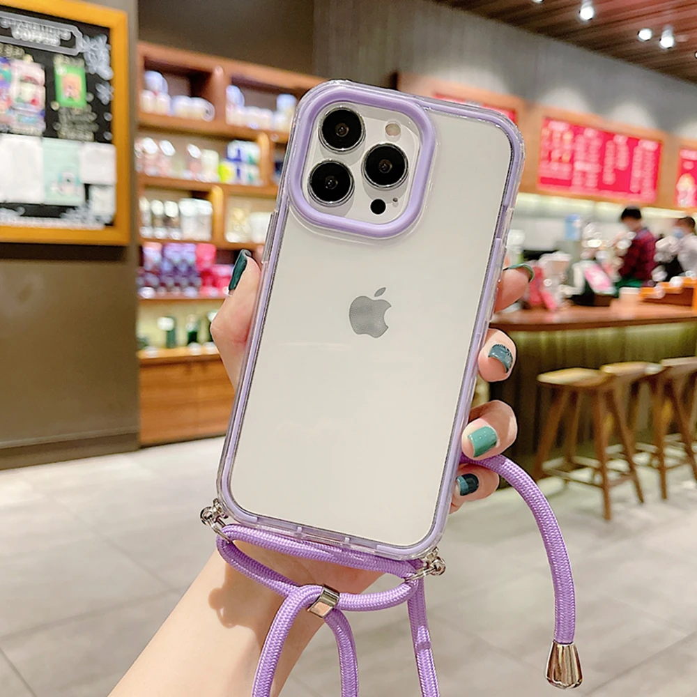 Neck Shoulder Strap phone case For iPhone 13 12 Mini 11 Pro Max XS X XR 8 7 Plus SE 202 Crossbody Lanyard Rope Transparent Cover case for iphone 13 