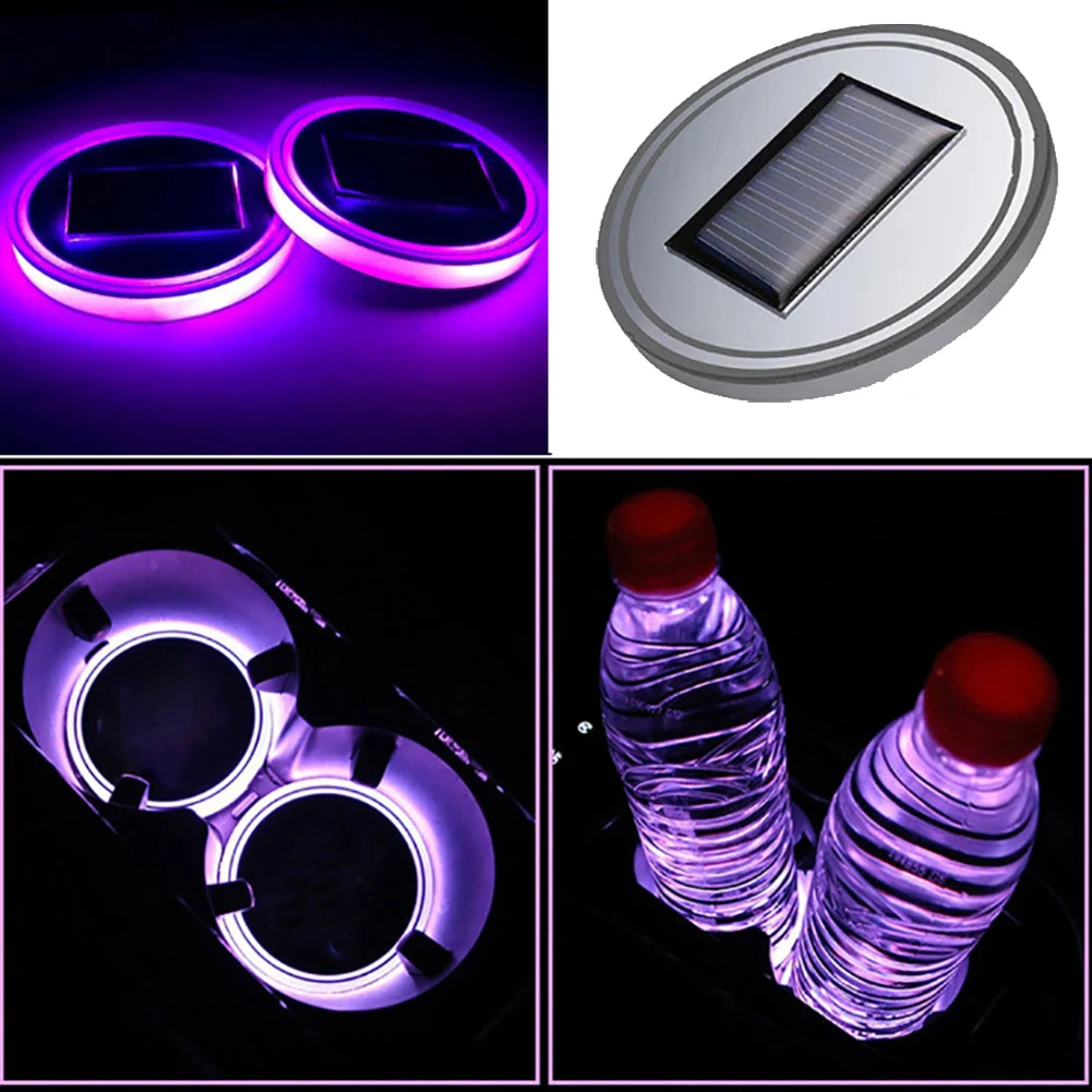 2Pcs Solar Power LED Light Round Cup Mat Pad Coasters Car Interior Decoration