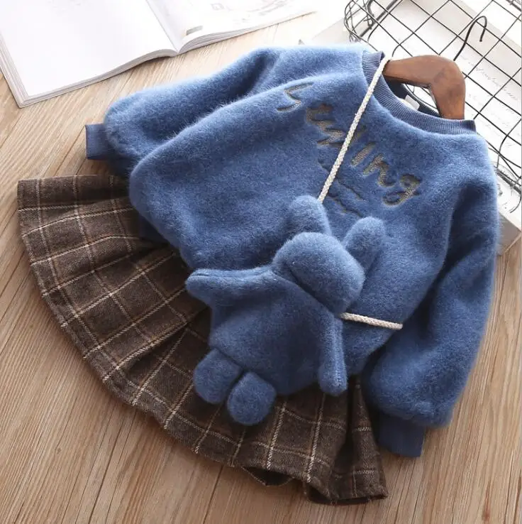 10.9th Long Sleeve Top+ Skirt+ bag Baby Girls Winter Sets Good quality