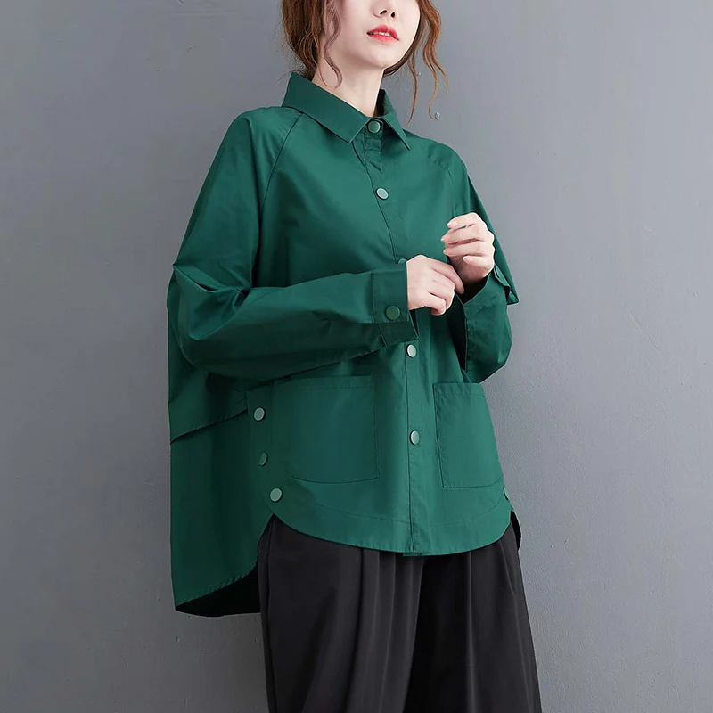 Patchwork Button Pocket Green Oversized Blouse Women New Long Sleeve Loose Casual Shirt Tops Fashion Clothes Spring Autumn 2025