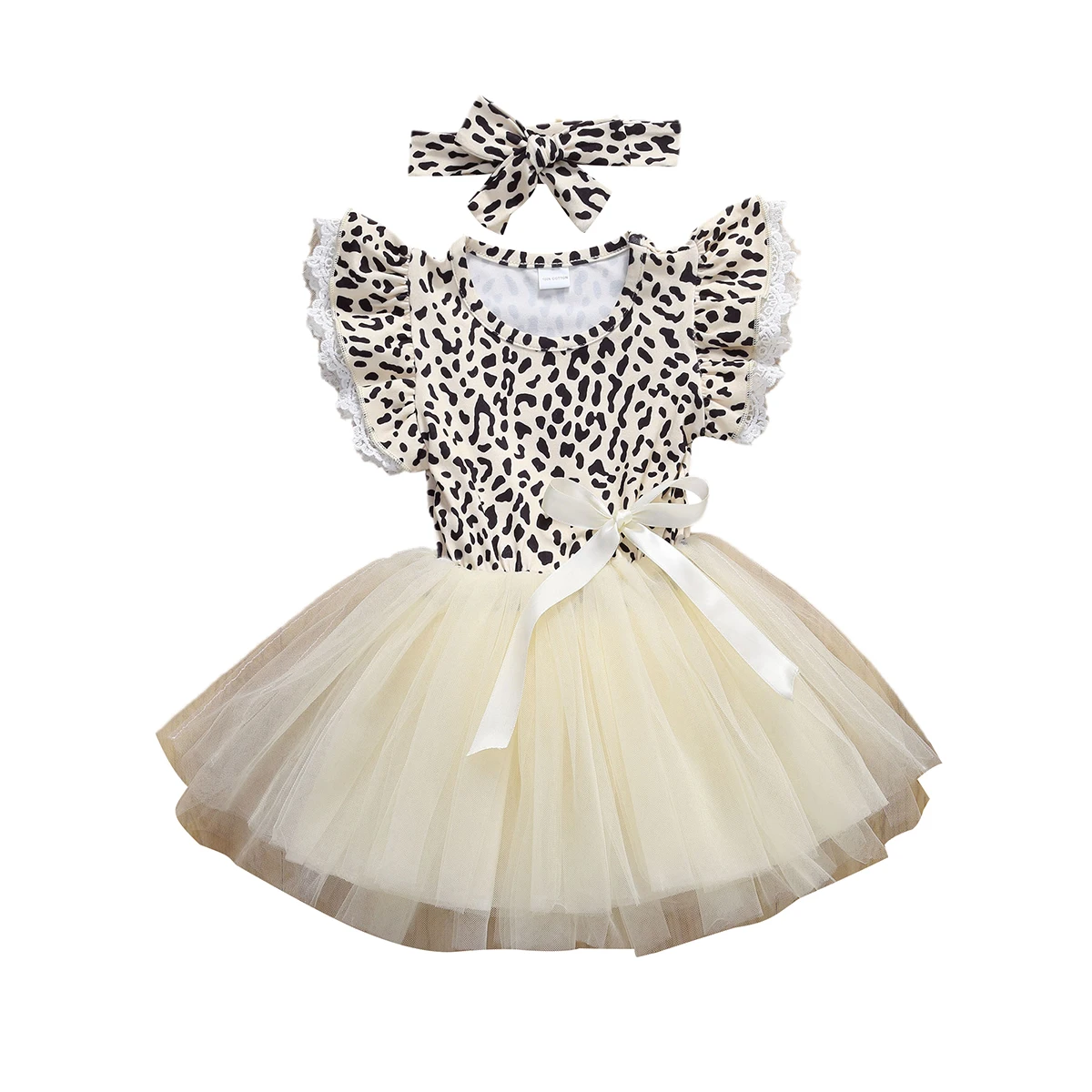 0 4Y Kids Baby Girls Princess Dress Leopard Print Ruffles Sleeve Lace