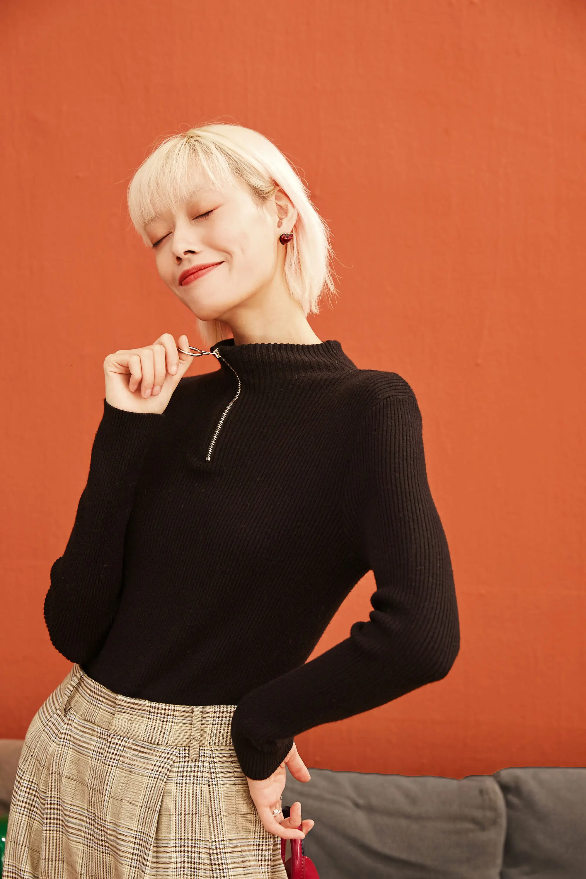SAM'S TREE Black Solid Zipper Skinny Knitted Pullovers Sweaters Women Autumn Winter Orange High Collar Office Ladies Tops
