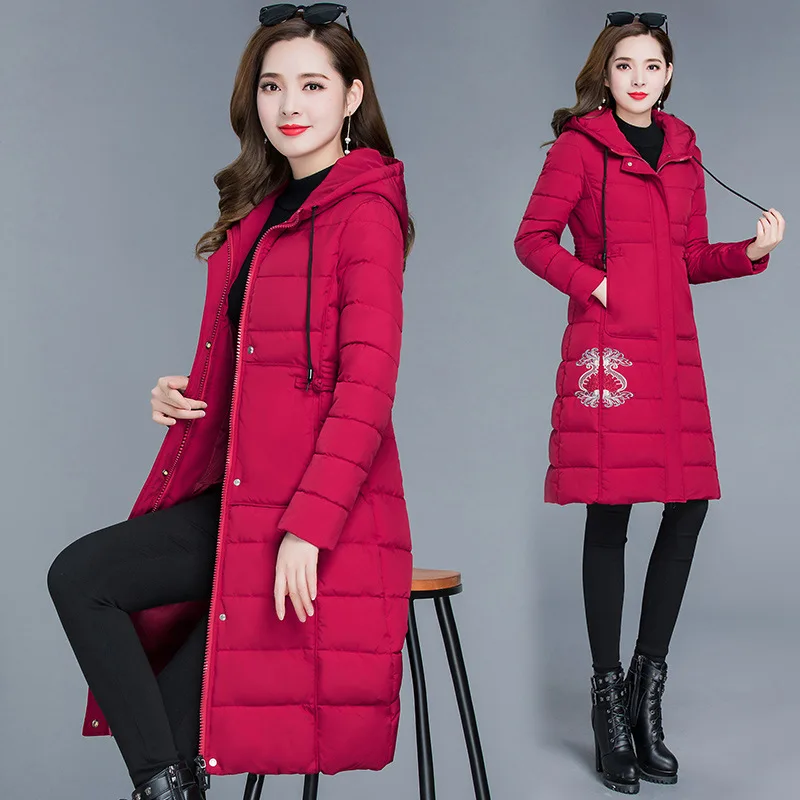 

2019 Korean-style New Style Slim Fit Glorious Embroidery Cotton-padded Jacket with Zipper Hooded Mid-length Slim Fit Versatile C