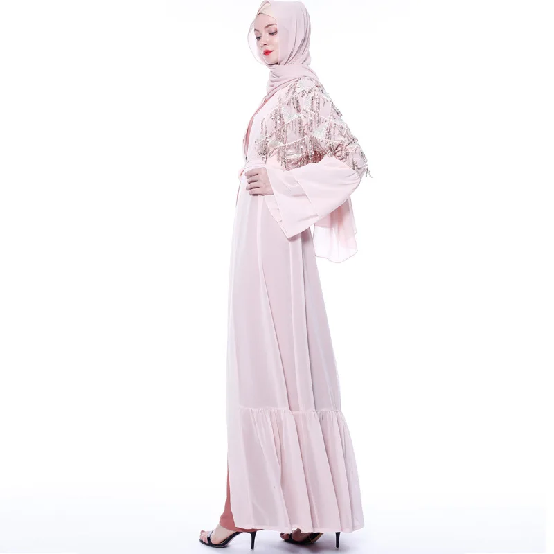 Элегантные мусульманские блестки Абаи кисточкой платье макси кардиган-кимоно с длинным халаты Jubah Ближний Восток Рамадан ИД арабских