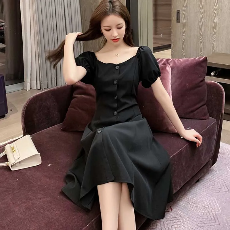 French Retro Puff Sleeve Square Collar Dress Women 2020 Summer Plus Size Single-Breasted Elegant Dress Korean Office Party Dress
