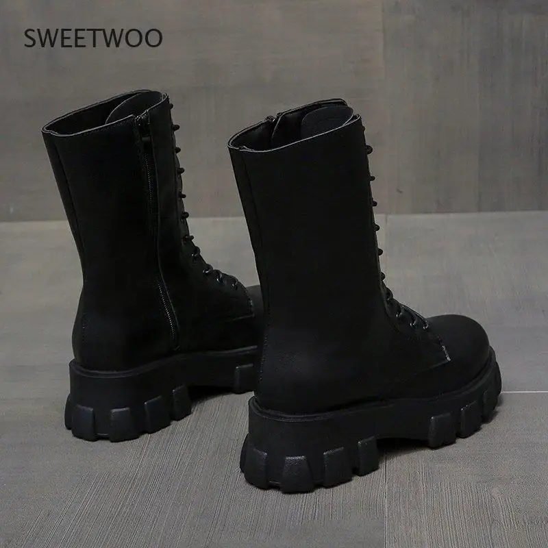 Fashion Boots Female Lace-up Chunky Heels Platform Mid-calf Women's Shoes 2021 Pu Leather Zipper Ladies Shoes Autumn Footwear
