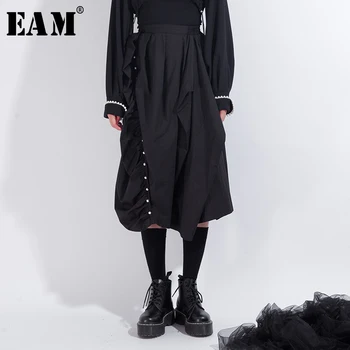 

[EAM] High Elastic Waist Black Pleated Pearled Temperament Half-body Skirt Women Fashion Tide New Spring Autumn 2020 1N707