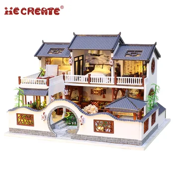 

iiE Create Dollhouse Furniture Chinese Style Wooden Miniature Doll House Diy Toys for Children with Light Lamps Christmas Gift