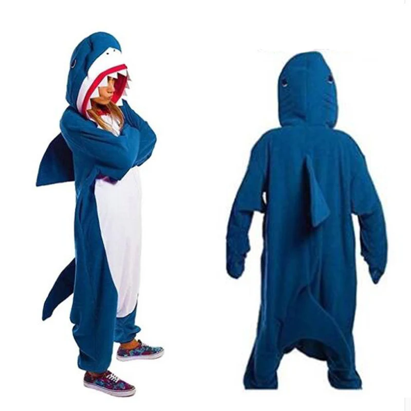 Shark Унисекс; пижамы для взрослых; Фланелевая пижама с капюшоном; плотная Пижама с рисунком животных; теплая зимняя Пижама с единорогом; женская пижама на Хэллоуин - Цвет: Shark