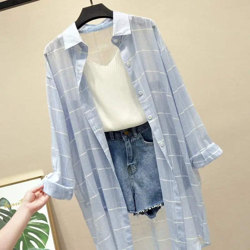 Neploe Korean Causal Plaid Women Blouse Long Sleeve Turn Down Collar Shirt Top Single Breasted Summer Suncreen Blusas Coat 4A894