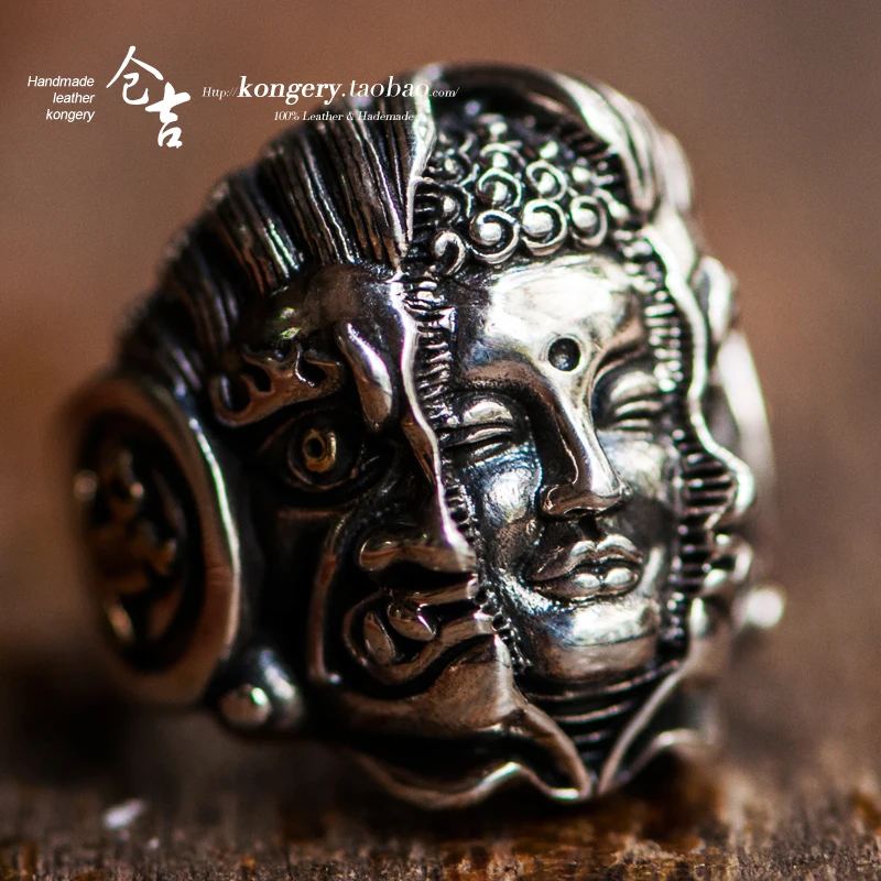 ★fatto-a-mano-s925-argento-buddha-magic-carving-ring-anello-da-dito-indice-prepotente-da-uomo-anello-aperto-locomotiva-prepotente