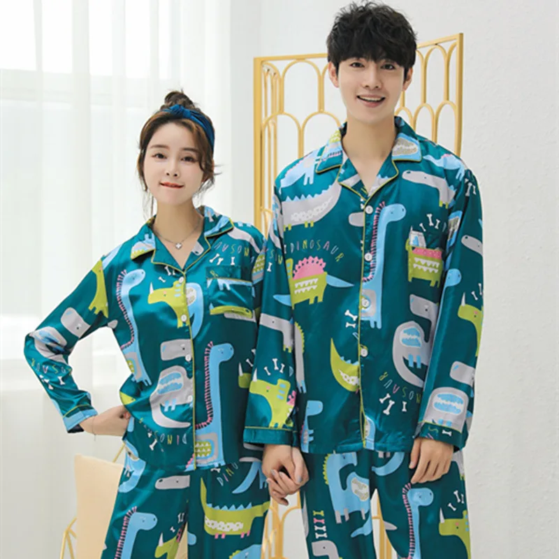 Пижамные наборы для влюблённых пар, женская летняя пижама с длинными рукавами, свободные мужские парные пижамы из искусственного шелка