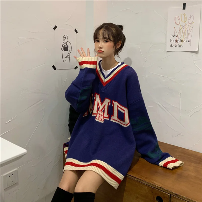 

2020 Autumn And Winter New V-neck College Style Knit Sweatshirt Korean Style Top Long Sleeve Forest Sweatshirt Women