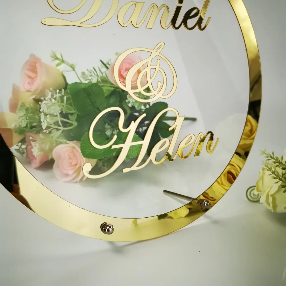 Custom Wedding Name sign Round Frame Mirror Acrylic Sticker Babyshower Word Sign Circle Shape Party Decor, as Guests Favor Gift (4)