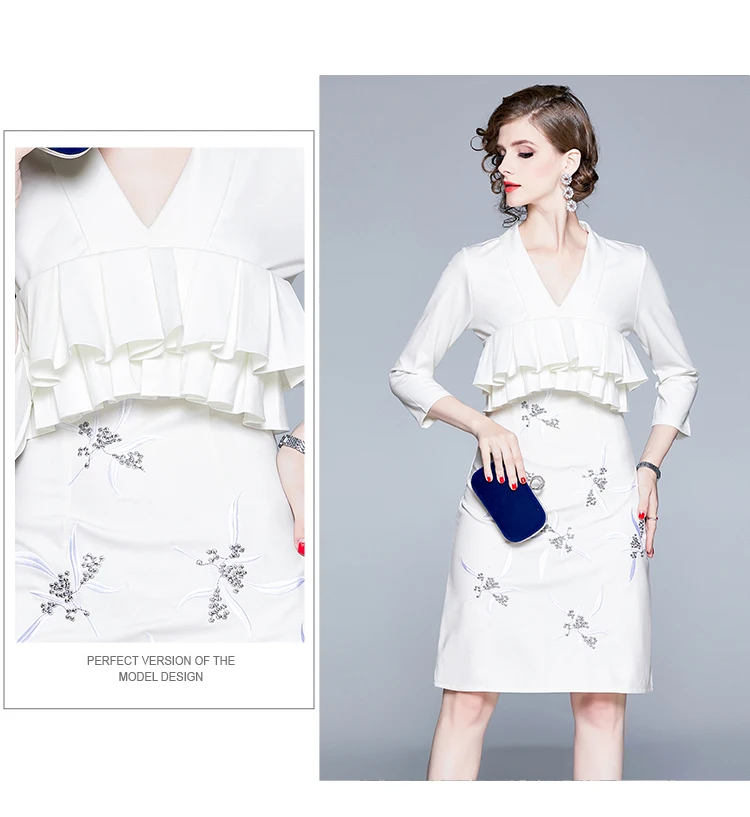 Маленькое ароматное платье с цветочной вышивкой и оборками Осень Зима Женское подиумное винтажное элегантное офисное платье с v-образным вырезом и высокой талией