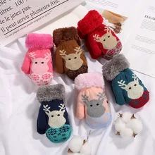 Зимние теплые детские перчатки для девочек и мальчиков с милым рисунком оленя, вязаные эластичные варежки, Детские утепленные перчатки на палец