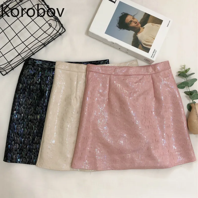 Женские блестящие юбки с люрексом Korobov корейские мини-юбки трапециевидной формы
