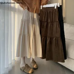 Autumn Winter Brown Black Skirt Women Korean Style Elastic High Waist Splicing Frilly A-Line Corduroy Long Pleated Skirts jupon