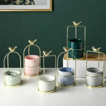 

Ins Nordic Gilded Bird Cage Iron Frame Hydroponic Vase Golden Iron Ceramic Succulent Flower Pot Home Decoration Gift Ornaments
