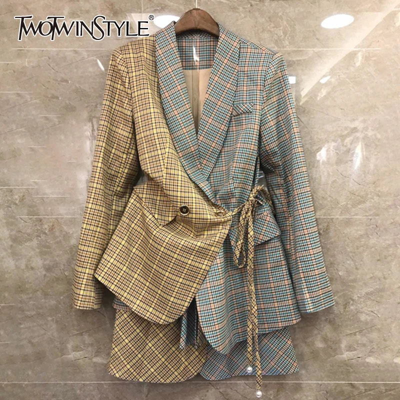 

TWOTWINSTYLE Plaid Hit Color Patchwork Women's Suit Lapel Collar Lace Up Blazer High Waist Mini Skirt Two Piece Set Female 2019