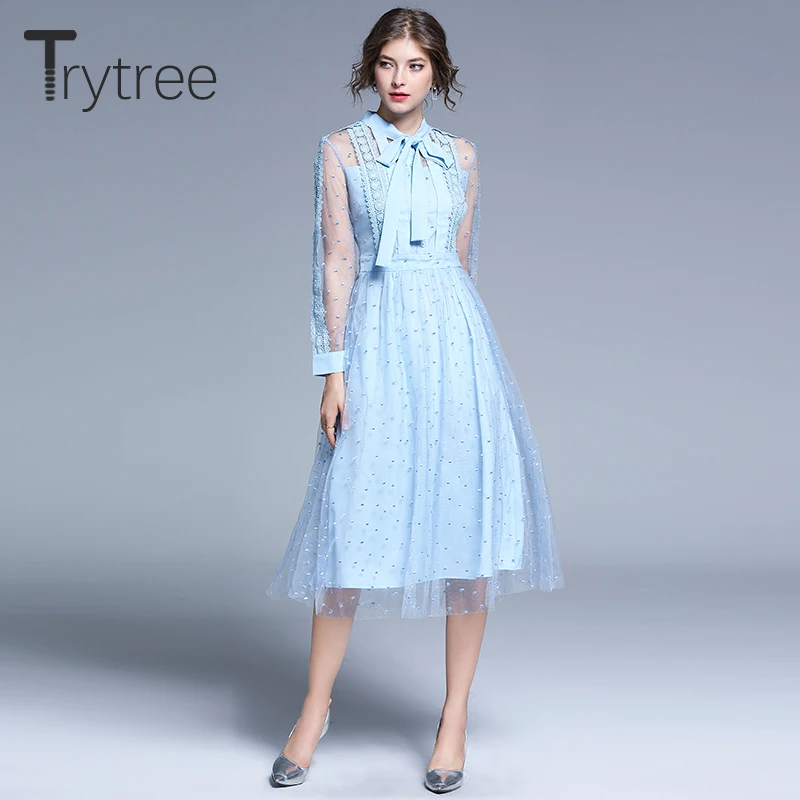 Trytree осеннее женское Повседневное платье из вуали с бантом в стиле ампир модное кружевное лоскутное платье до середины икры А-силуэта элегантное офисное женское синее платье