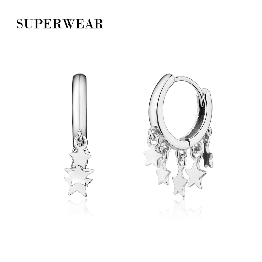 Серьги-кольца SUPERWEAR в форме звезды с шармом, 925 пробы, серебро, желтое золото, женские маленькие обручи, кисточки, серьги Huggie, ювелирные изделия - Окраска металла: Silver Star Earrings