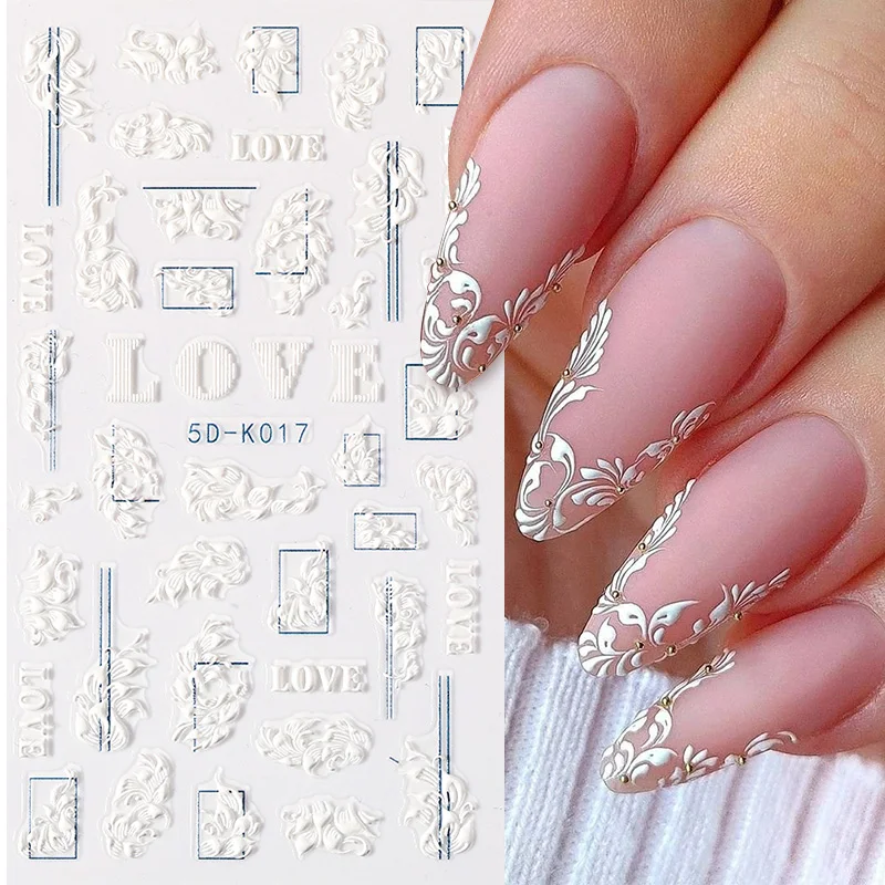 1Sheet White Embossed Flower Lace 5D Sticker Decal Wedding Nail Art Designs Floral Flower Transfer Decal Japanese Geometry nail stickers,nail art decoration,nail decals