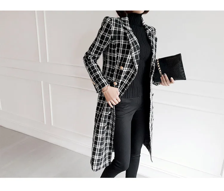 Ladies Fall Winter Contour Gingham Checkered Outerwear Autumn Wool Blend Contrast Color Plaid Long Woolen Jacket Coat