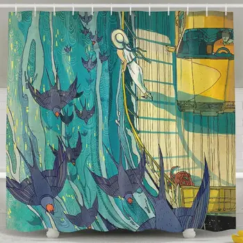 

Resistant White Shower Curtains - Fly with Birds Painting Bath Curtain Liner 72 x 72