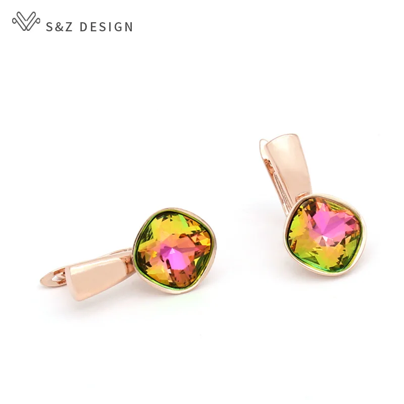 S&Z DESIGN New Fashion Square Crystal Dangle Earrings For Women Luxury Party Wedding Jewelry 585 Rose Gold Color Eardrop