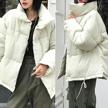 

Winter Ladies Long Sleeve Stand Collar Jacket Fashion Simple Solid Color Wild Thicken Warm Ladies Cotton Coat Coat