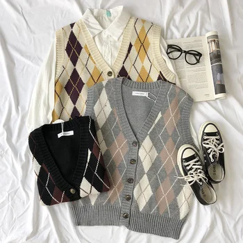 

3 colors spring and autumn korean style v neck plaid single breasted buttons knitted sleeveless vest sweaters womens (X1092)
