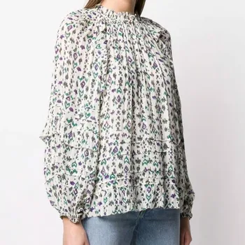 

2020 Women's Blouse Long Sleeve Flower Printed Stand Collar Shirt Cotton Loose Single-breasted Shirts and Top For Early Autumn