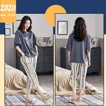 

Summer Cotton Pajamas Set Women Sweet Cartoon Short-sleeve T-shirt+Cropped Trousers Two-piece Suit Fashion Home Clothing