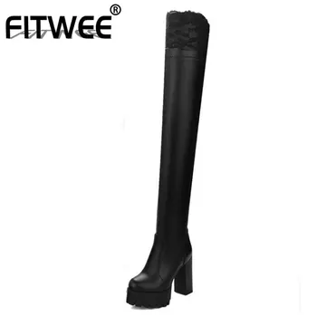 

JOJONUNU Women High Heel Boots Platform Warm Fur Shoes Women Round Toe Shoes Over Knee Boots Thick Heel Footwear Size 32-42