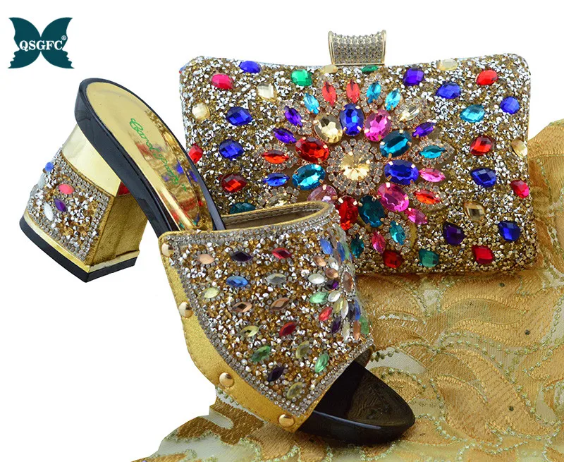 Newest Arrival Gold Color African Women Matching Italian design Shoes and Bag Set Decorated with Rhinestone Ladies | Обувь