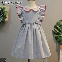 Keelorn/летнее платье для девочек; повседневная одежда на пуговицах для маленьких девочек на день рождения; вечерние платья в синюю полоску с оборками; костюм с бантом