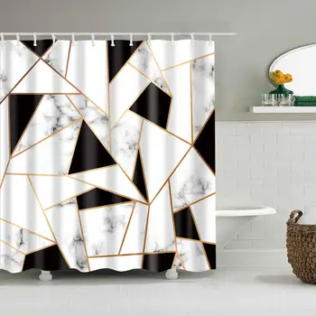 

Marble Pattern Printed Shower Curtain Golden Black Bathroom Curtain Waterproof Shower Curtain with 12 Hooks