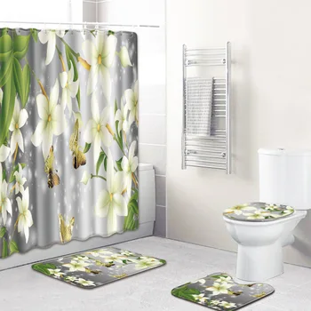

Plant Leaves Flower 4pc Set Waterproof Shower Curtain Bathroom 180x180 Bath Curtains Closestool Mat Home Decor farmhouse