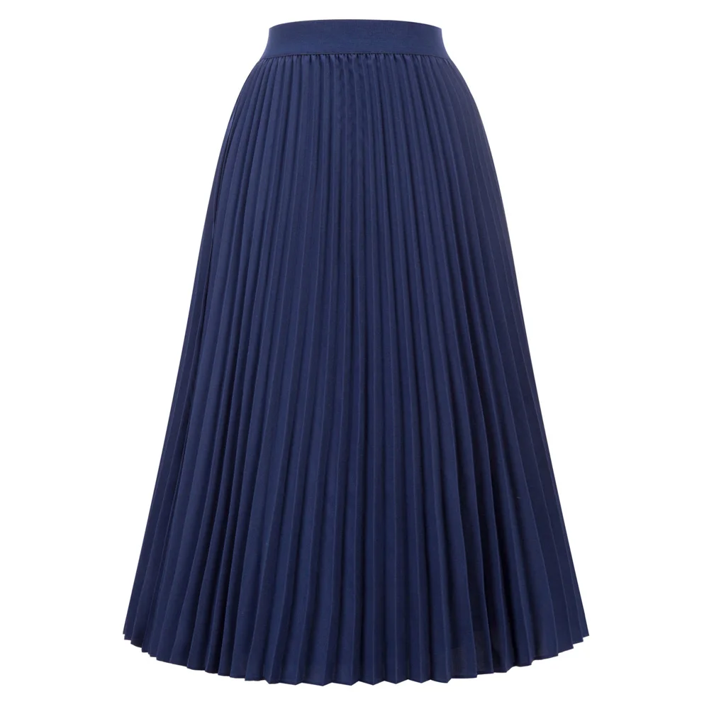 Navy Blue Grace Karin Для женщин Повседневное эластичный Высокая Талия плиссированная юбка А-силуэта 70% вискоза осень-зима Новая мода расклешенное, для свинга юбка миди - Цвет: Navy Blue