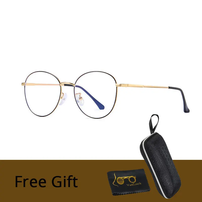 Black Gold VANLOOK Computer Glasses Round Anti Blue Ray Light Blocking Fashion Metal Eyeglasses Frame Men Women Clear Lens Anti Radiation - Цвет оправы: Black Gold