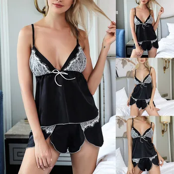 

Black Pajama Set Women Ladies Plus Size 4XL Lace Sexy Patchwork пижама Sleepwear Lingerie Summer Nightdress Underwear Short Suit