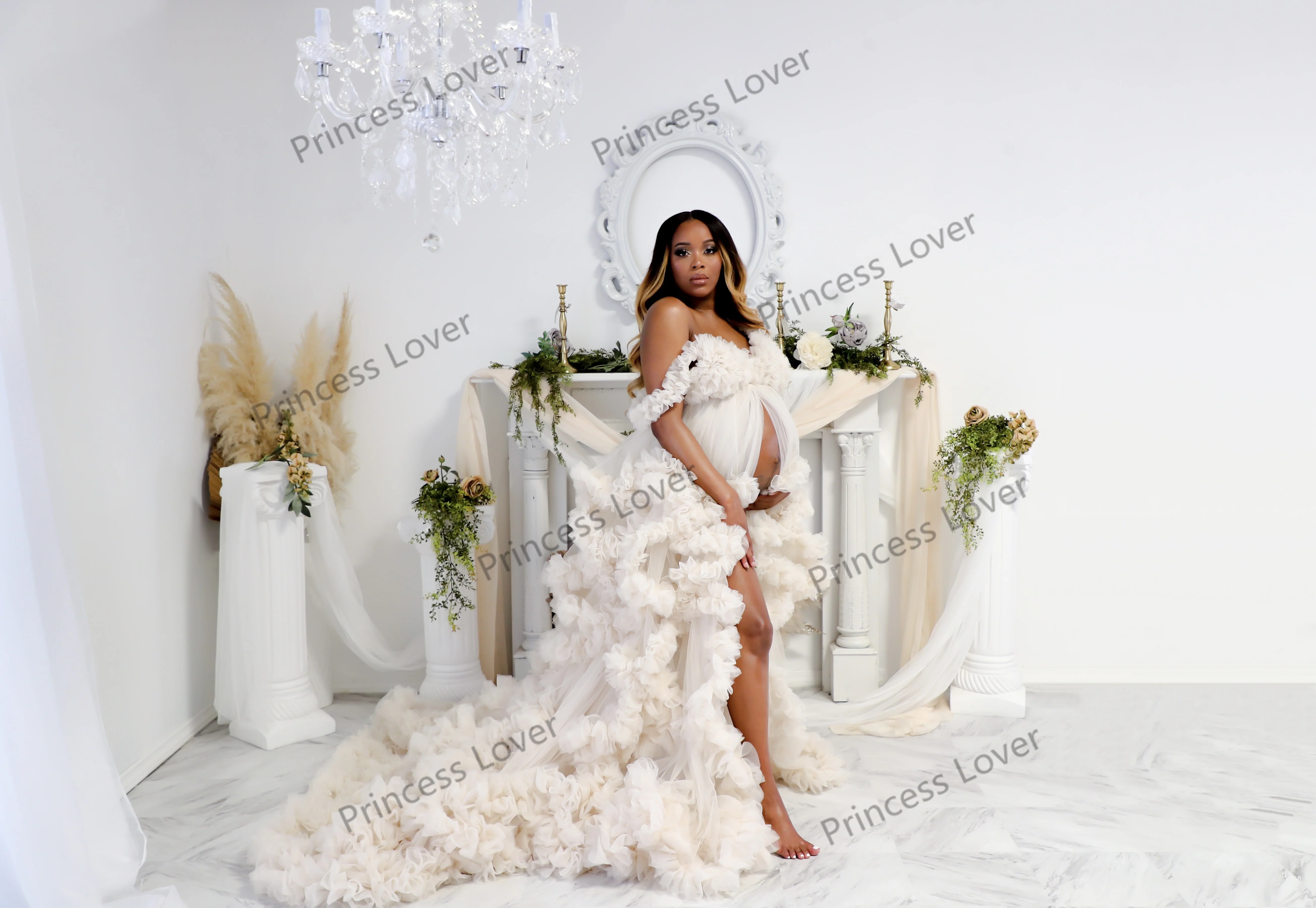 Ruffle Tulle Maternity Dress Prom Dresses for Pregnant Women Baby Shower Gowns Front Split Photo Shoot Robes