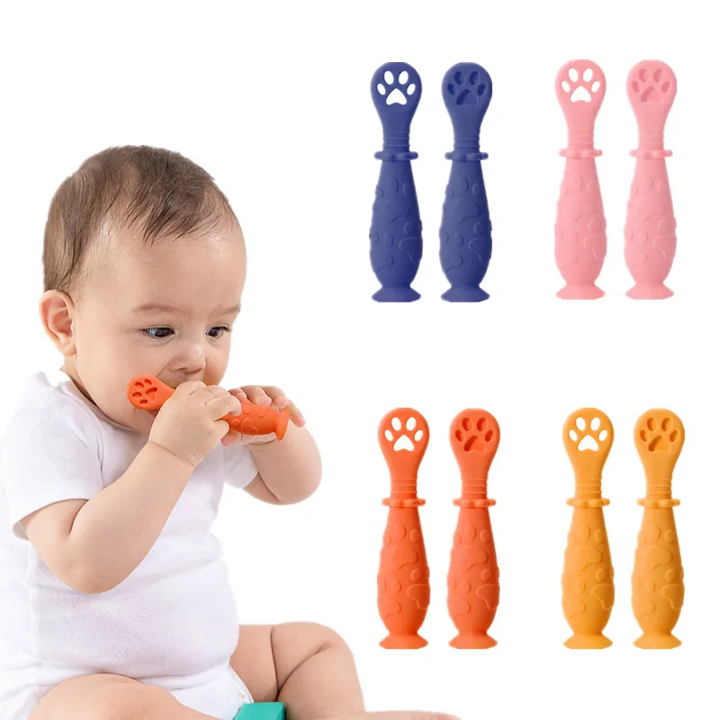 Cucharas de silicona de seguridad para dentición de bebé, mordedor, entrenamiento para recién nacido, cucharas de alimentación, vajilla infantil, 2 uds.